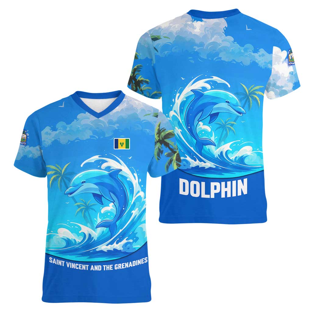 Saint Vincent and the Grenadines Dolphin Women V-Neck T-Shirt with Ocean Wave and Tropical Island Design - Wonder Print Shop