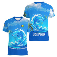 Saint Vincent and the Grenadines Dolphin Women V-Neck T-Shirt with Ocean Wave and Tropical Island Design - Wonder Print Shop