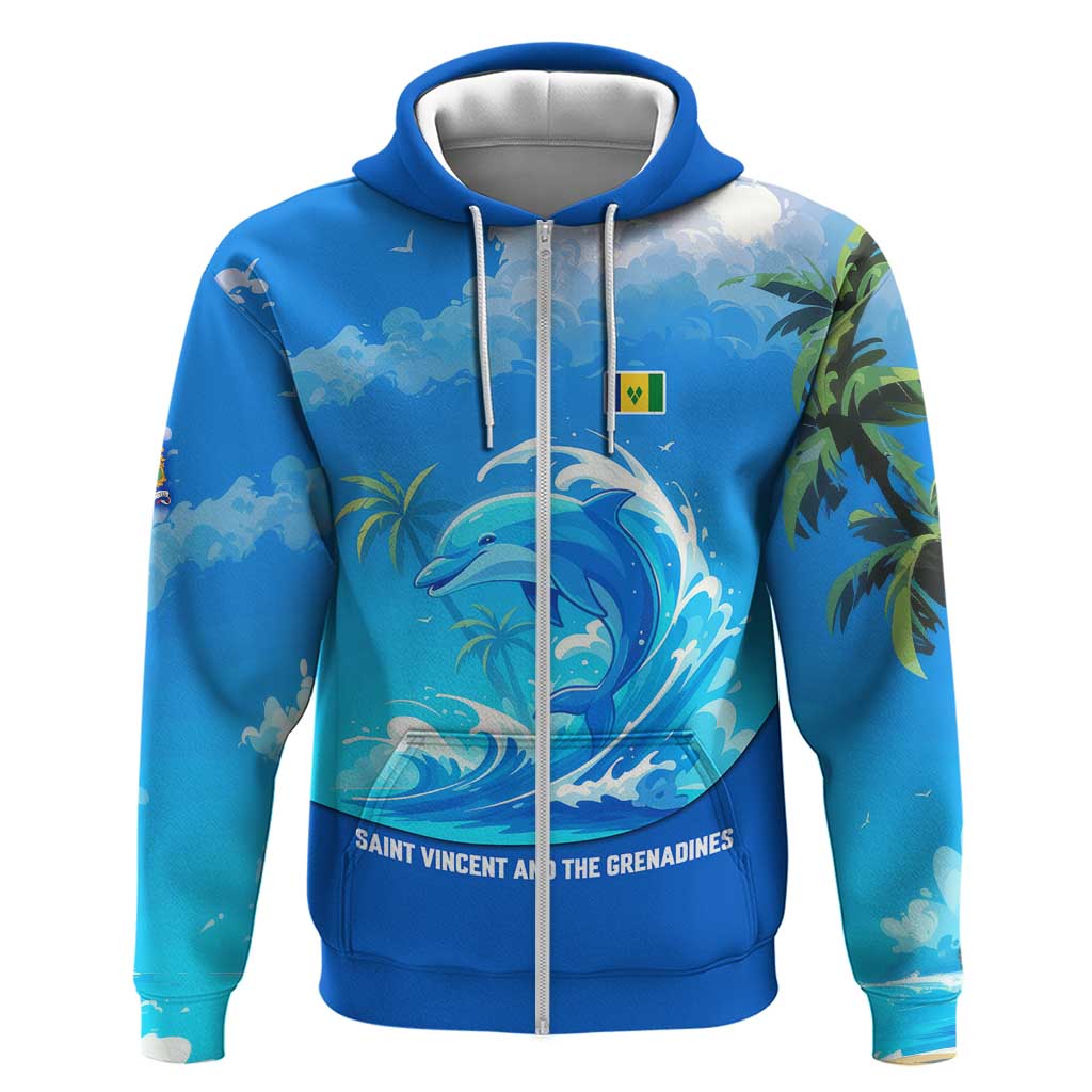 Saint Vincent and the Grenadines Dolphin Zip Hoodie with Ocean Wave and Tropical Island Design - Wonder Print Shop