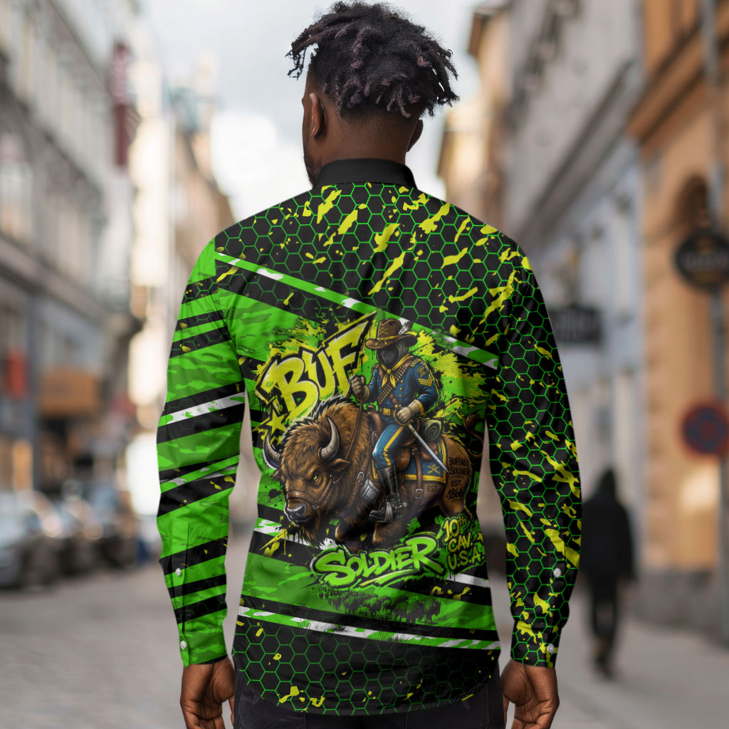 Buffalo Soldiers 10th Cavalry Regiment Long Sleeve Button Shirt Graffiti Urban Streetwear Style Graphic Art