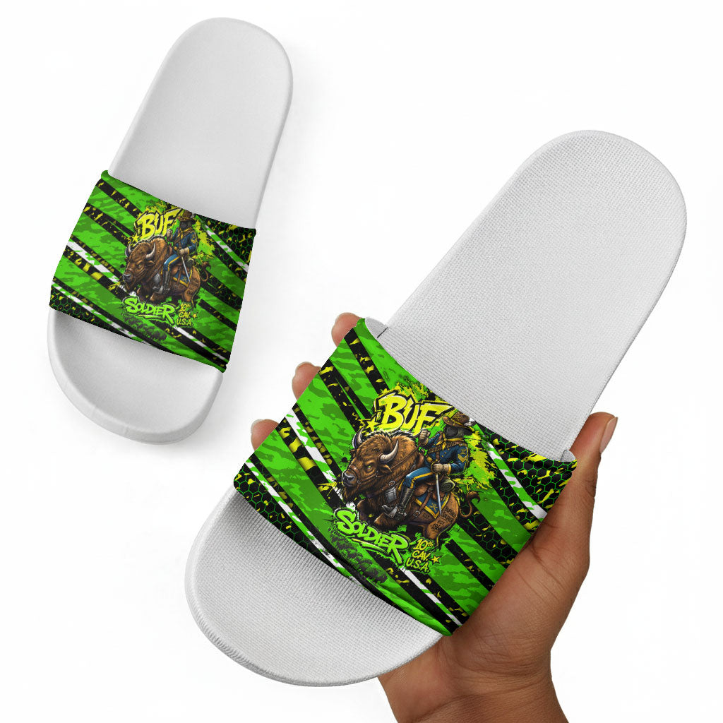 Buffalo Soldiers 10th Cavalry Regiment Slide Sandals Graffiti Urban Streetwear Style Graphic Art