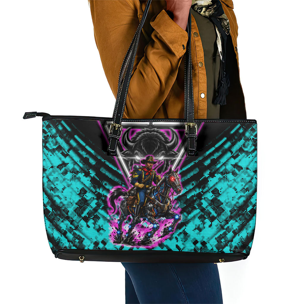 Buffalo Soldiers 9th Cavalry Regiment Leather Tote Bag Cyberpunk Synthwave Neon Futuristic Graphic Art