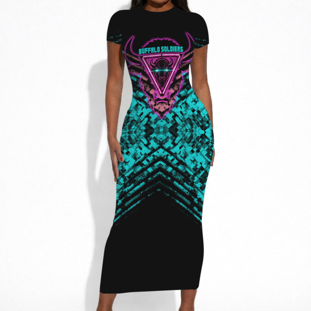Buffalo Soldiers 9th Cavalry Regiment Short Sleeve Bodycon Dress Cyberpunk Synthwave Neon Futuristic Graphic Art