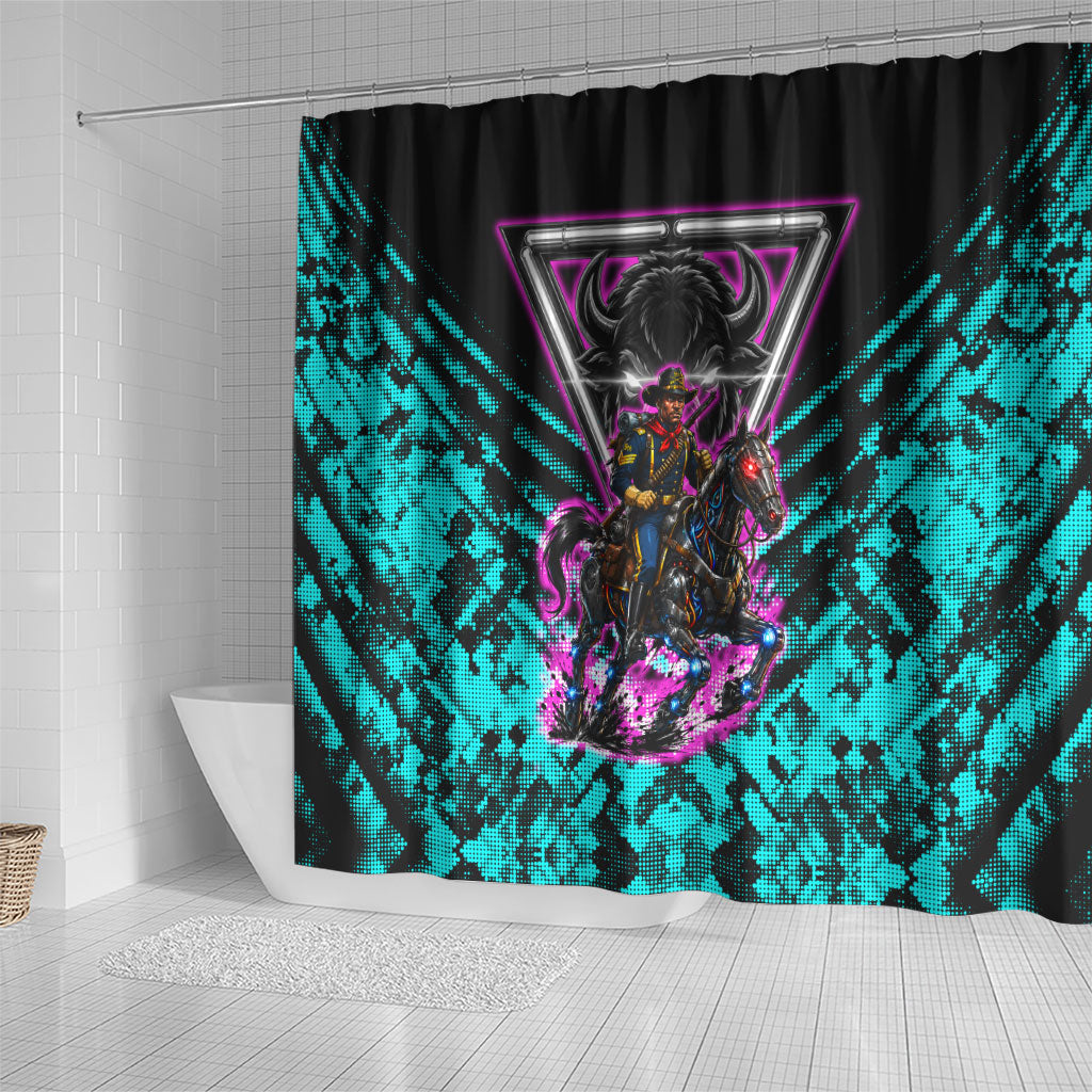 Buffalo Soldiers 9th Cavalry Regiment Shower Curtain Cyberpunk Synthwave Neon Futuristic Graphic Art