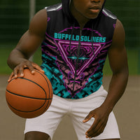 Buffalo Soldiers 9th Cavalry Regiment Sleeveless Zip Hoodie Cyberpunk Synthwave Neon Futuristic Graphic Art