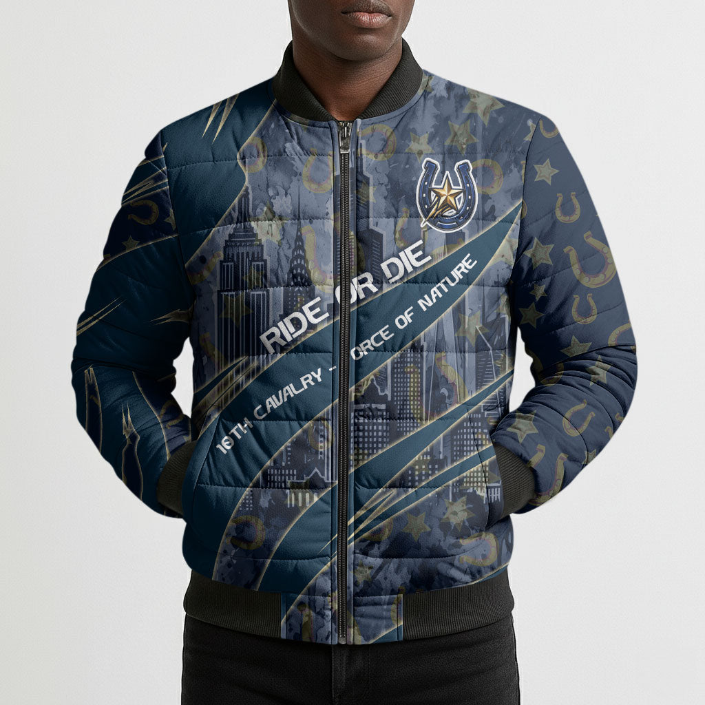Buffalo Soldiers 10th Cavalry Regiment Ride Or Die Bomber Puffer Jacket Patriotic Military Heritage Distressed City Skyline Graphic Art