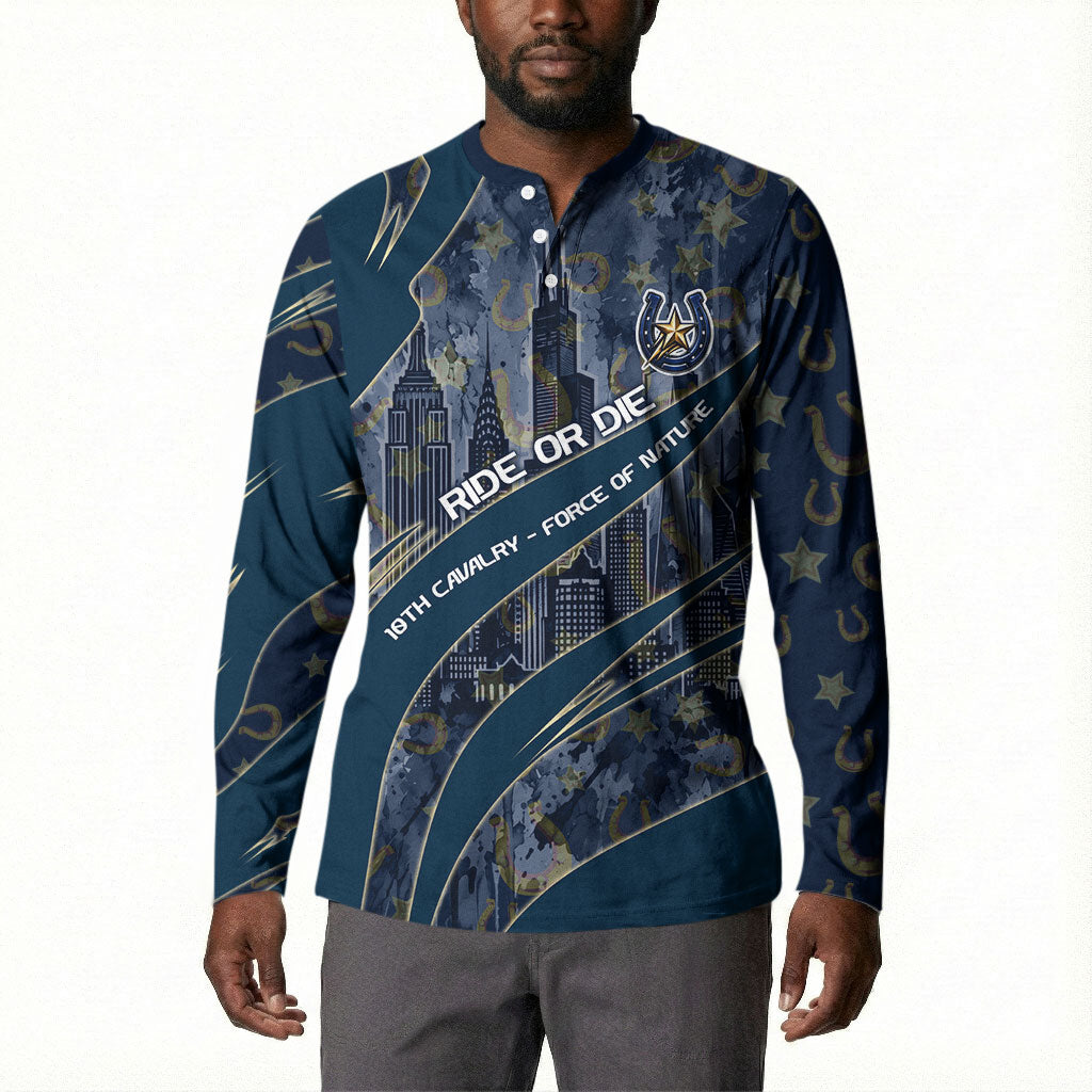 Buffalo Soldiers 10th Cavalry Regiment Ride Or Die Button Sweatshirt Patriotic Military Heritage Distressed City Skyline Graphic Art