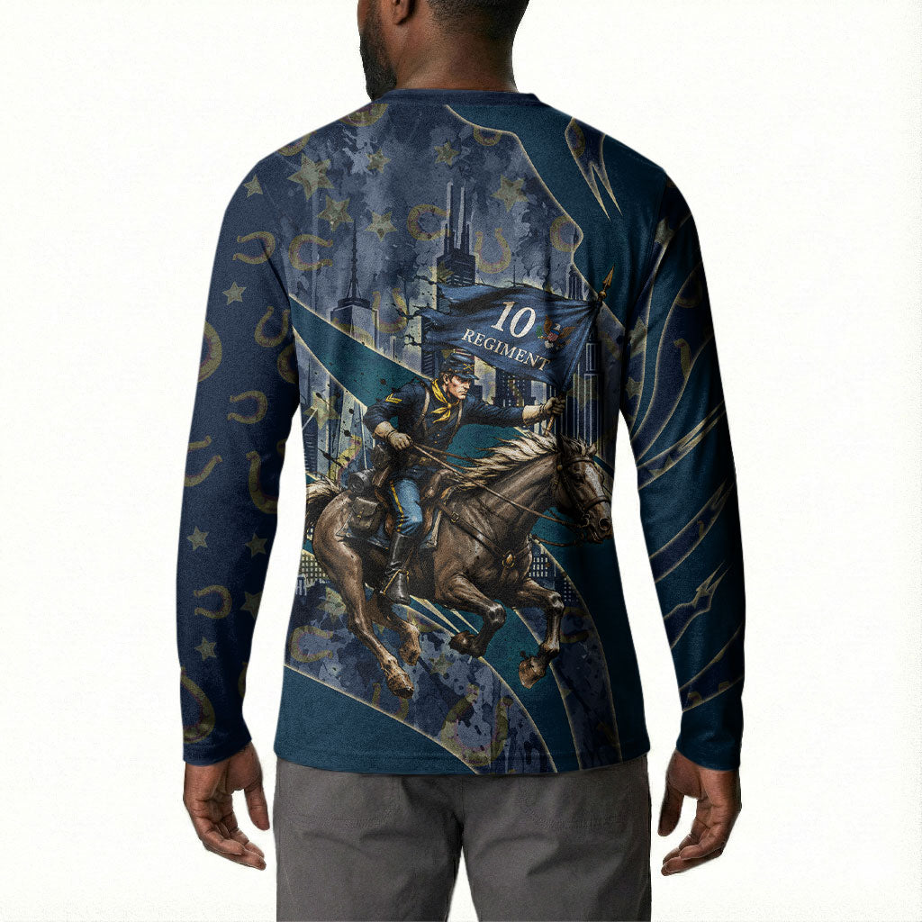 Buffalo Soldiers 10th Cavalry Regiment Ride Or Die Button Sweatshirt Patriotic Military Heritage Distressed City Skyline Graphic Art