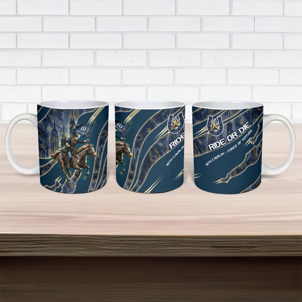 Buffalo Soldiers 10th Cavalry Regiment Ride Or Die Ceramic Mug Patriotic Military Heritage Distressed City Skyline Graphic Art
