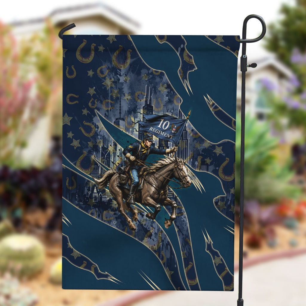 Buffalo Soldiers 10th Cavalry Regiment Ride Or Die Garden Flag Patriotic Military Heritage Distressed City Skyline Graphic Art