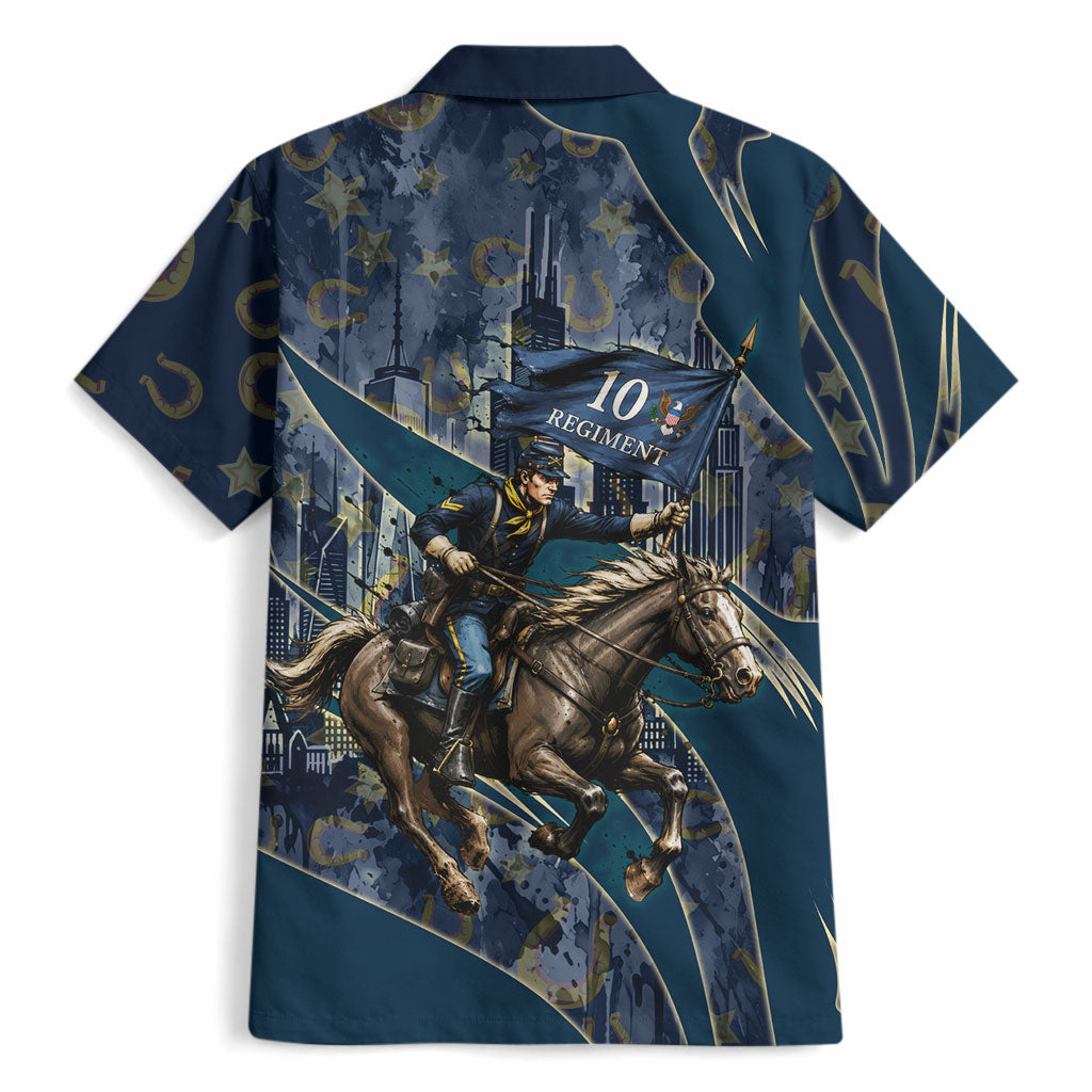 Buffalo Soldiers 10th Cavalry Regiment Ride Or Die Hawaiian Shirt Patriotic Military Heritage Distressed City Skyline Graphic Art
