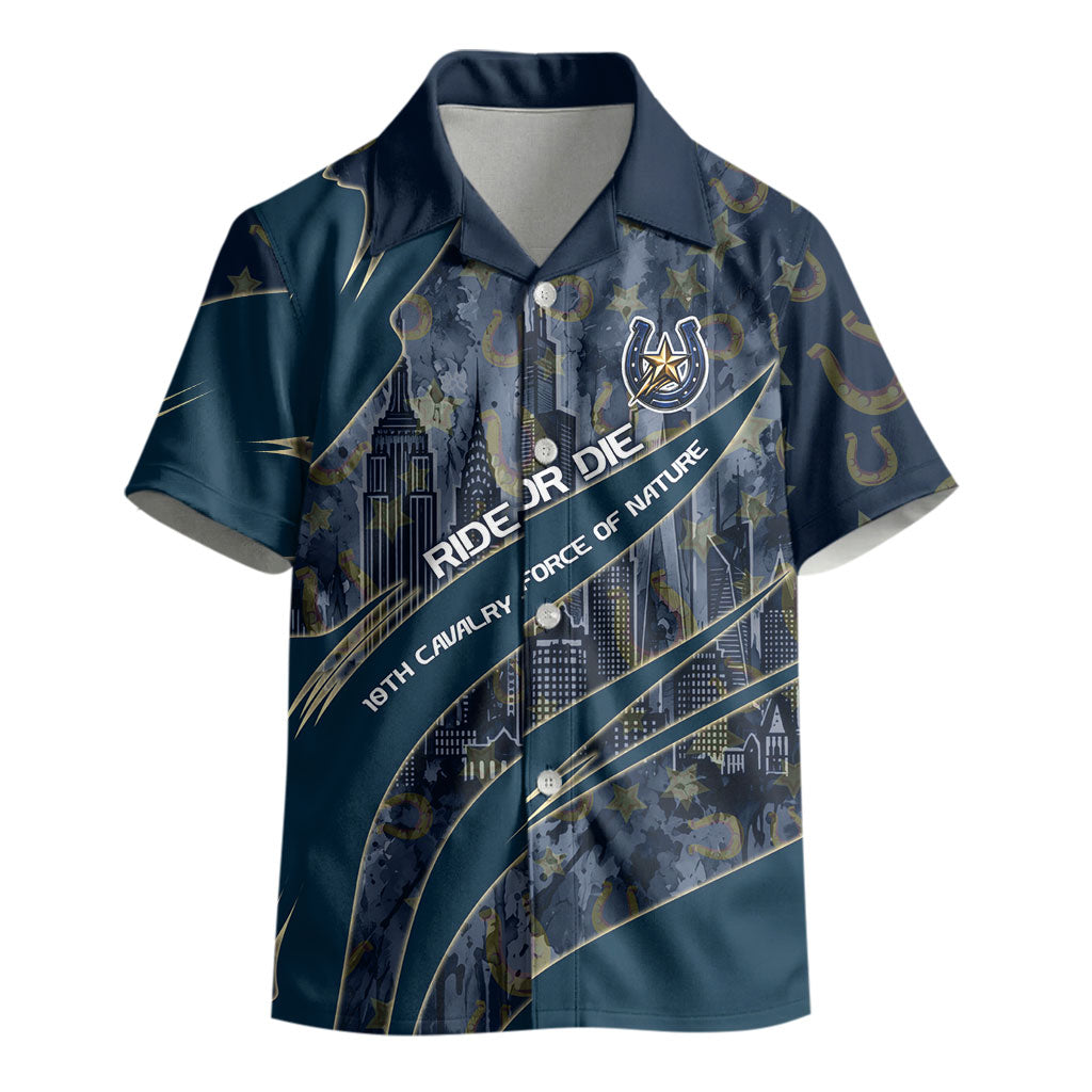 Buffalo Soldiers 10th Cavalry Regiment Ride Or Die Kid Hawaiian Shirt Patriotic Military Heritage Distressed City Skyline Graphic Art