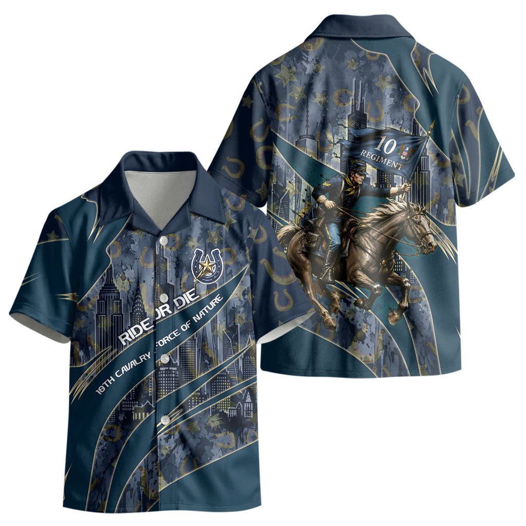 Buffalo Soldiers 10th Cavalry Regiment Ride Or Die Kid Hawaiian Shirt Patriotic Military Heritage Distressed City Skyline Graphic Art