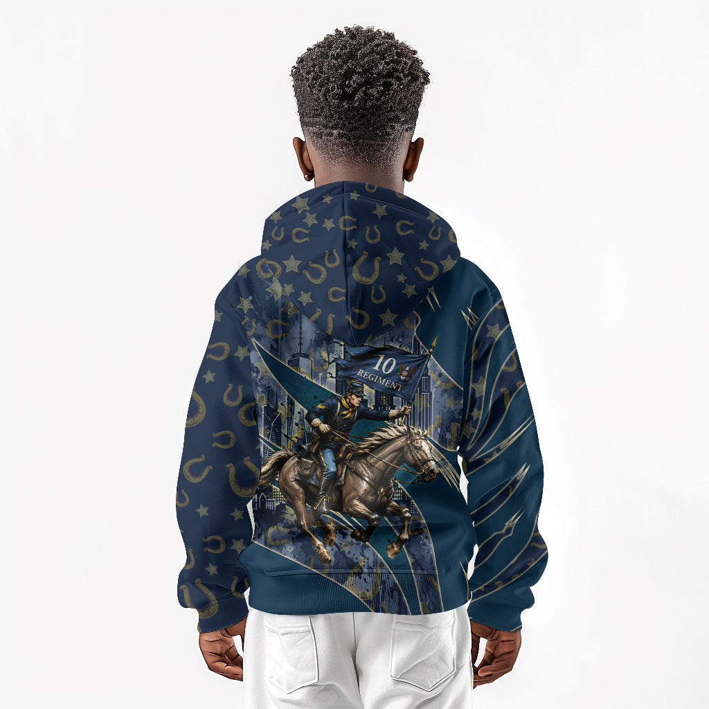 Buffalo Soldiers 10th Cavalry Regiment Ride Or Die Kid Hoodie Patriotic Military Heritage Distressed City Skyline Graphic Art