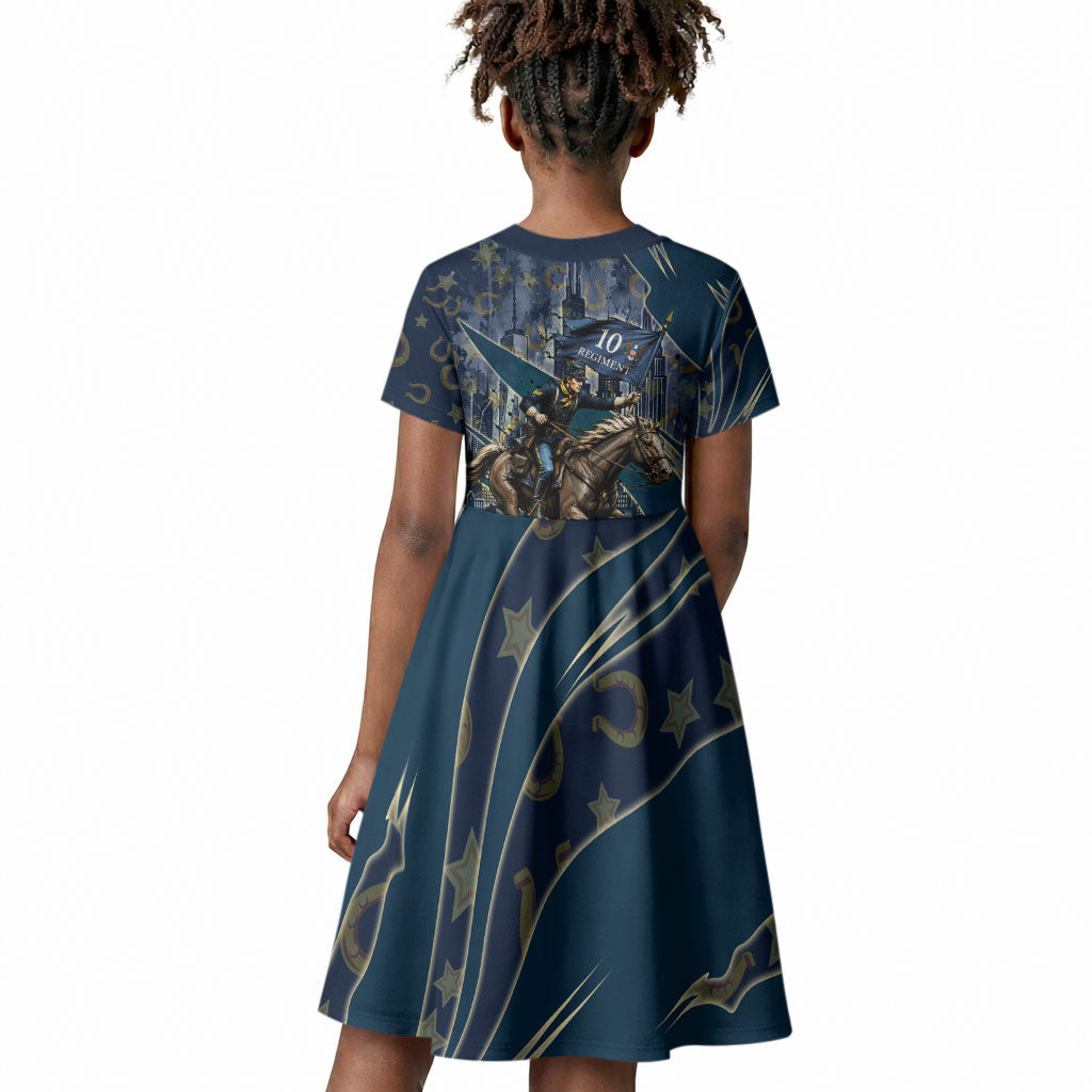 Buffalo Soldiers 10th Cavalry Regiment Ride Or Die Kid Short Sleeve Dress Patriotic Military Heritage Distressed City Skyline Graphic Art