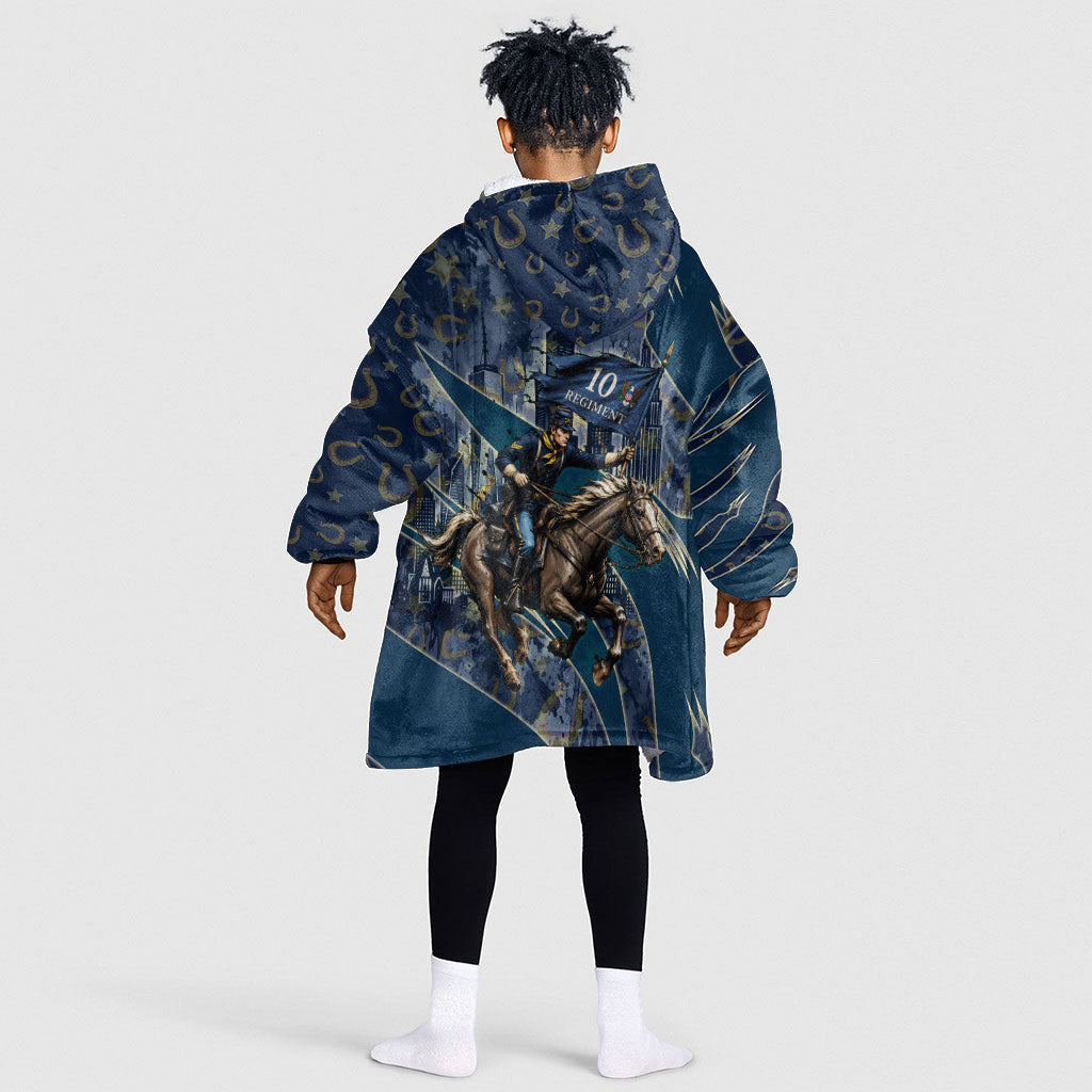 Buffalo Soldiers 10th Cavalry Regiment Ride Or Die Kid Wearable Blanket Hoodie Patriotic Military Heritage Distressed City Skyline Graphic Art