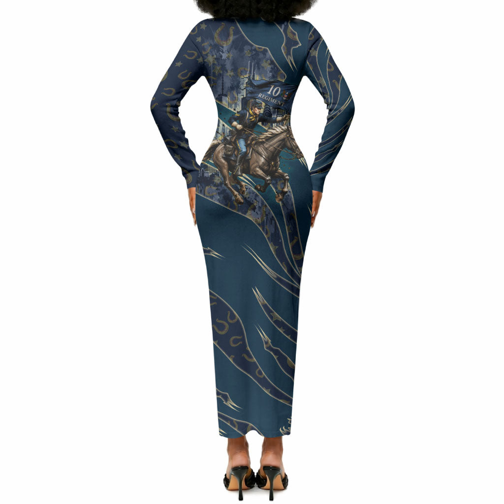 Buffalo Soldiers 10th Cavalry Regiment Ride Or Die Long Sleeve Bodycon Dress Patriotic Military Heritage Distressed City Skyline Graphic Art