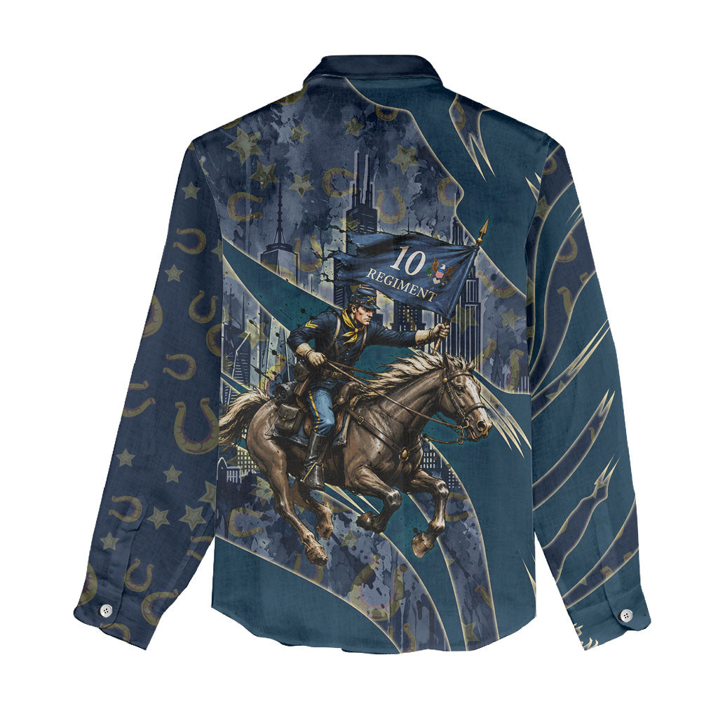 Buffalo Soldiers 10th Cavalry Regiment Ride Or Die Women Casual Shirt Patriotic Military Heritage Distressed City Skyline Graphic Art