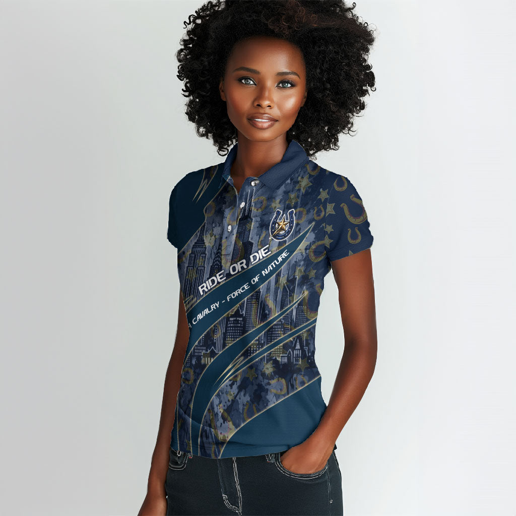 Buffalo Soldiers 10th Cavalry Regiment Ride Or Die Women Polo Shirt Patriotic Military Heritage Distressed City Skyline Graphic Art