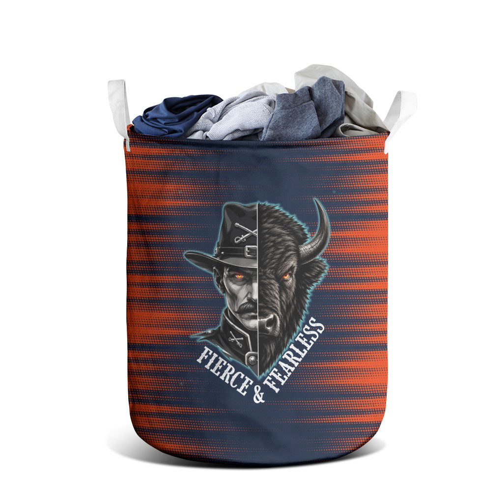 Buffalo Soldiers Fierce And Fearless Cavalry Laundry Basket Half Face Soldier And Bison Halftone Graphic Art
