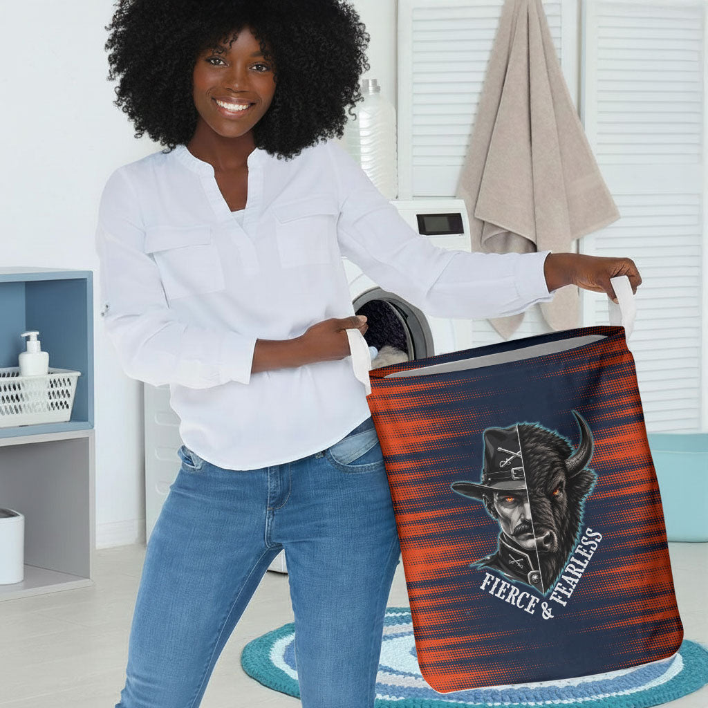 Buffalo Soldiers Fierce And Fearless Cavalry Laundry Basket Half Face Soldier And Bison Halftone Graphic Art