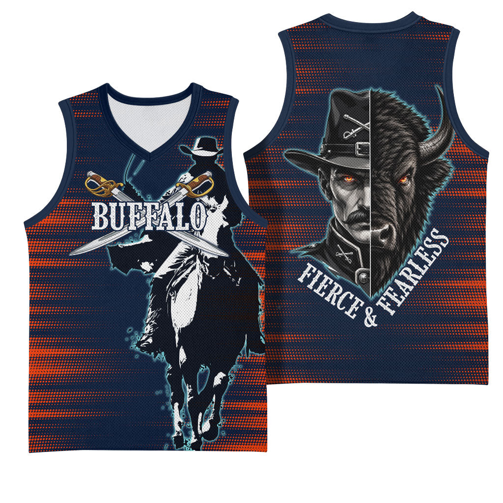 Buffalo Soldiers Fierce And Fearless Cavalry Basketball Jersey Half Face Soldier And Bison Halftone Graphic Art