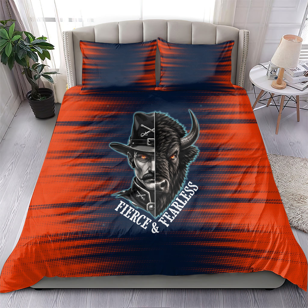 Buffalo Soldiers Fierce And Fearless Cavalry Bedding Set Half Face Soldier And Bison Halftone Graphic Art