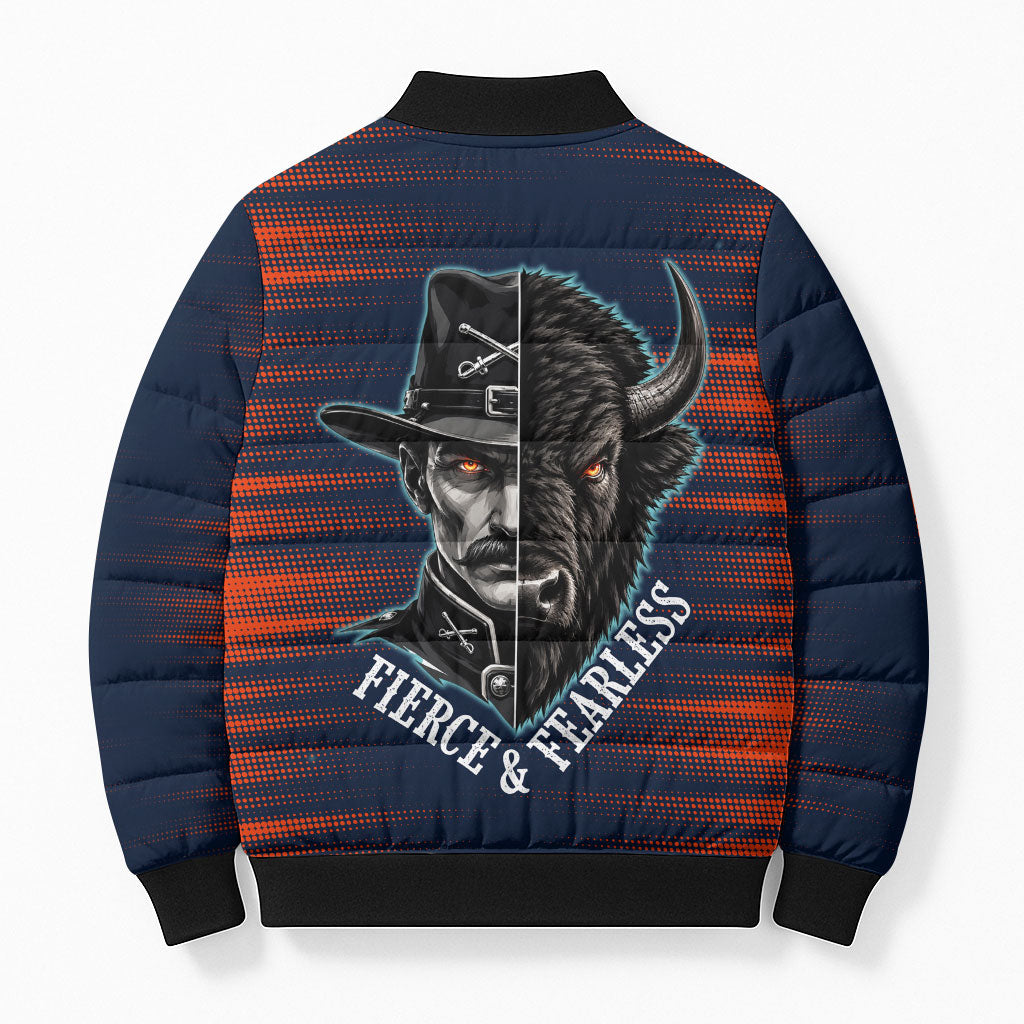 Buffalo Soldiers Fierce And Fearless Cavalry Bomber Puffer Jacket Half Face Soldier And Bison Halftone Graphic Art