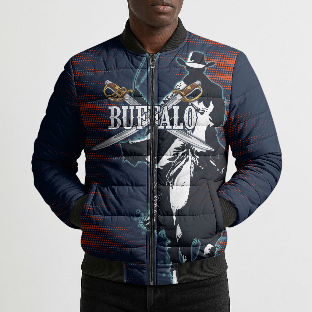 Buffalo Soldiers Fierce And Fearless Cavalry Bomber Puffer Jacket Half Face Soldier And Bison Halftone Graphic Art