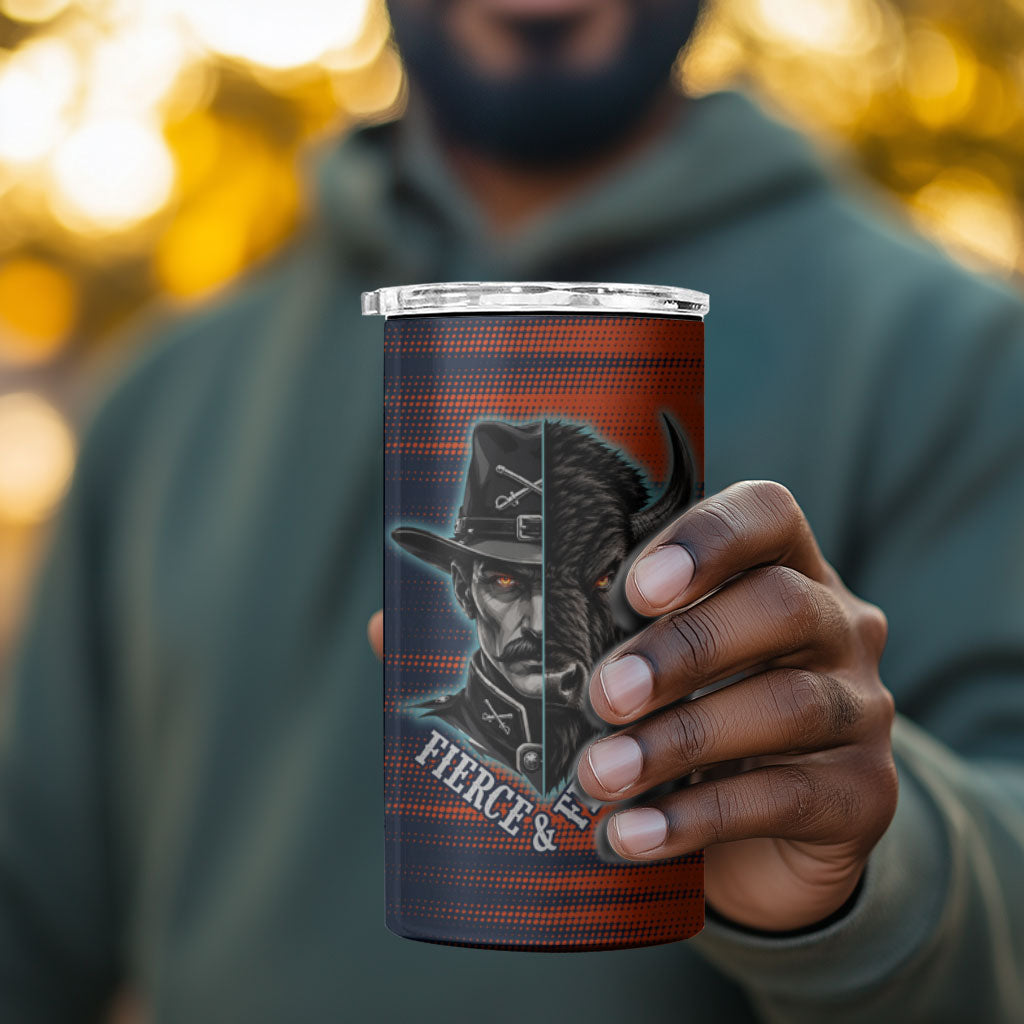 Buffalo Soldiers Fierce And Fearless Cavalry 4 in 1 Can Cooler Tumbler Half Face Soldier And Bison Halftone Graphic Art