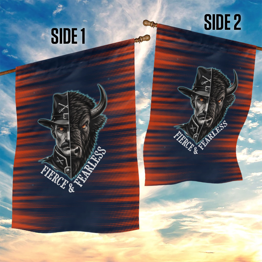 Buffalo Soldiers Fierce And Fearless Cavalry Garden Flag Half Face Soldier And Bison Halftone Graphic Art