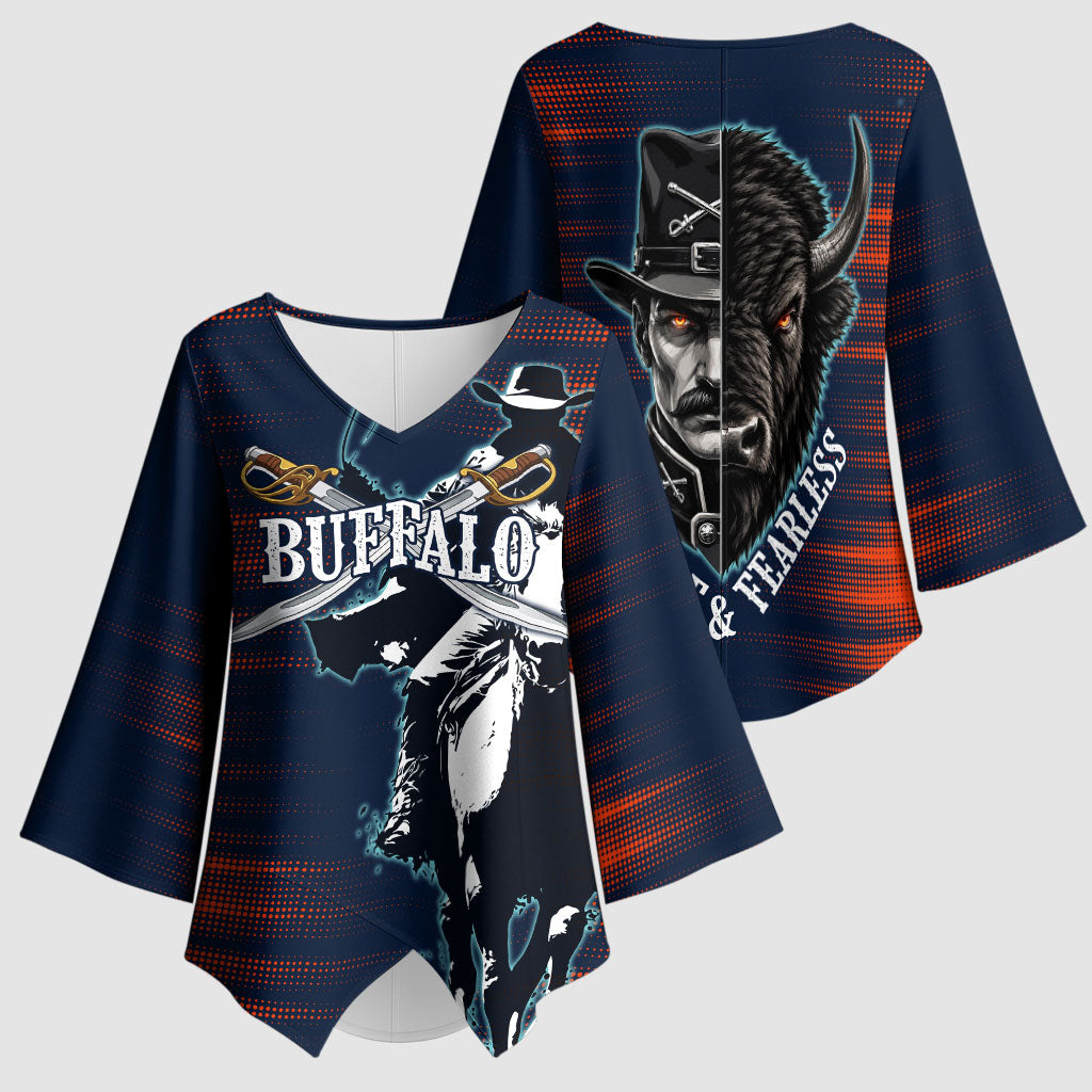 Buffalo Soldiers Fierce And Fearless Cavalry Kimono Sleeve Blouse Half Face Soldier And Bison Halftone Graphic Art