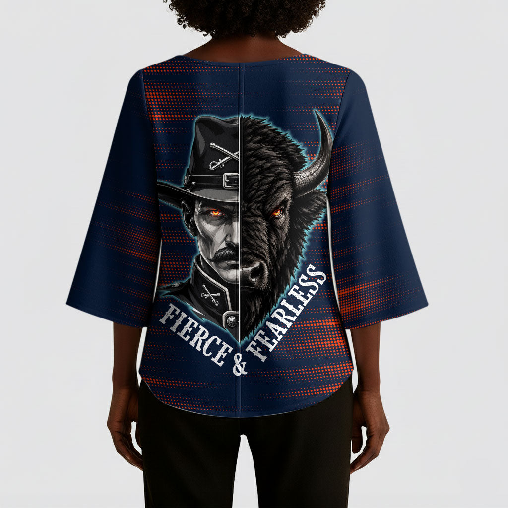 Buffalo Soldiers Fierce And Fearless Cavalry Kimono Sleeve Blouse Half Face Soldier And Bison Halftone Graphic Art