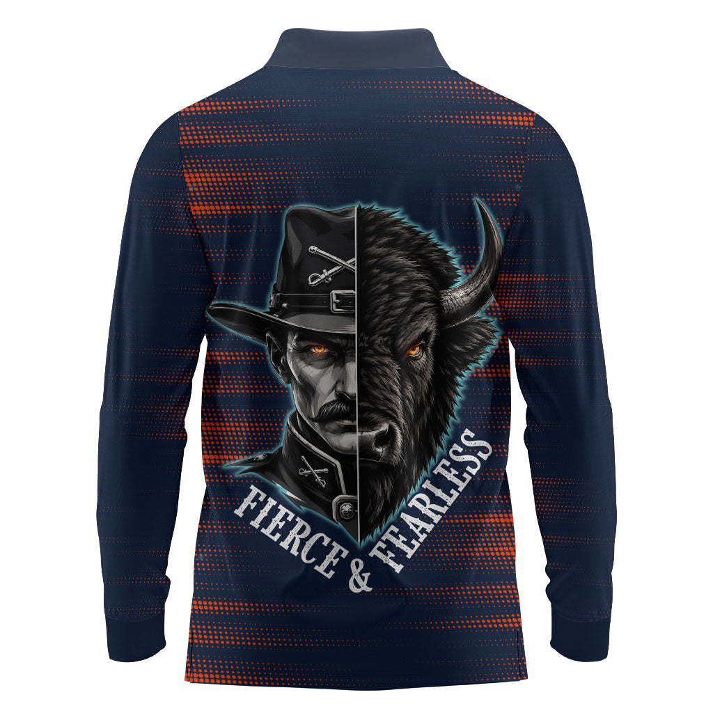 Buffalo Soldiers Fierce And Fearless Cavalry Long Sleeve Polo Shirt Half Face Soldier And Bison Halftone Graphic Art