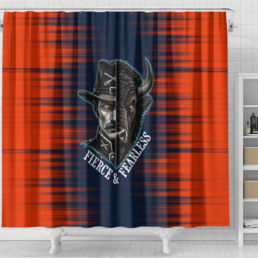 Buffalo Soldiers Fierce And Fearless Cavalry Shower Curtain Half Face Soldier And Bison Halftone Graphic Art