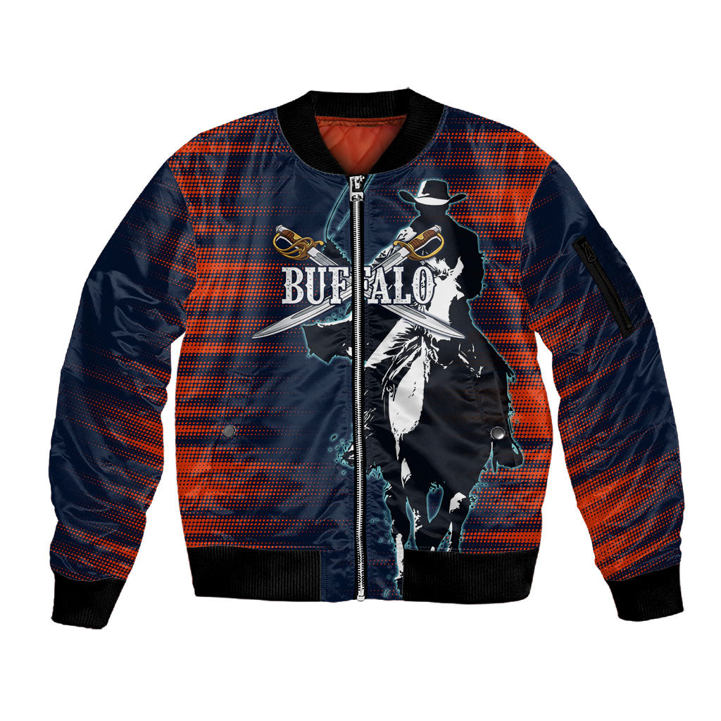 Buffalo Soldiers Fierce And Fearless Cavalry Sleeve Zip Bomber Jacket Half Face Soldier And Bison Halftone Graphic Art