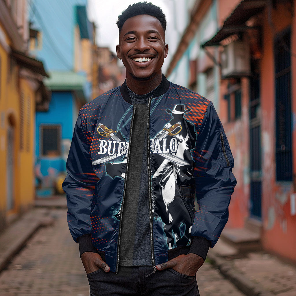 Buffalo Soldiers Fierce And Fearless Cavalry Sleeve Zip Bomber Jacket Half Face Soldier And Bison Halftone Graphic Art