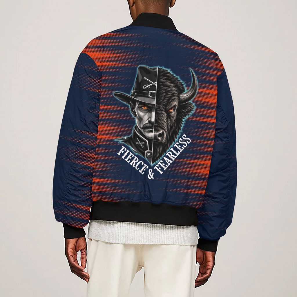 Buffalo Soldiers Fierce And Fearless Cavalry Sleeve Zip Bomber Jacket Half Face Soldier And Bison Halftone Graphic Art