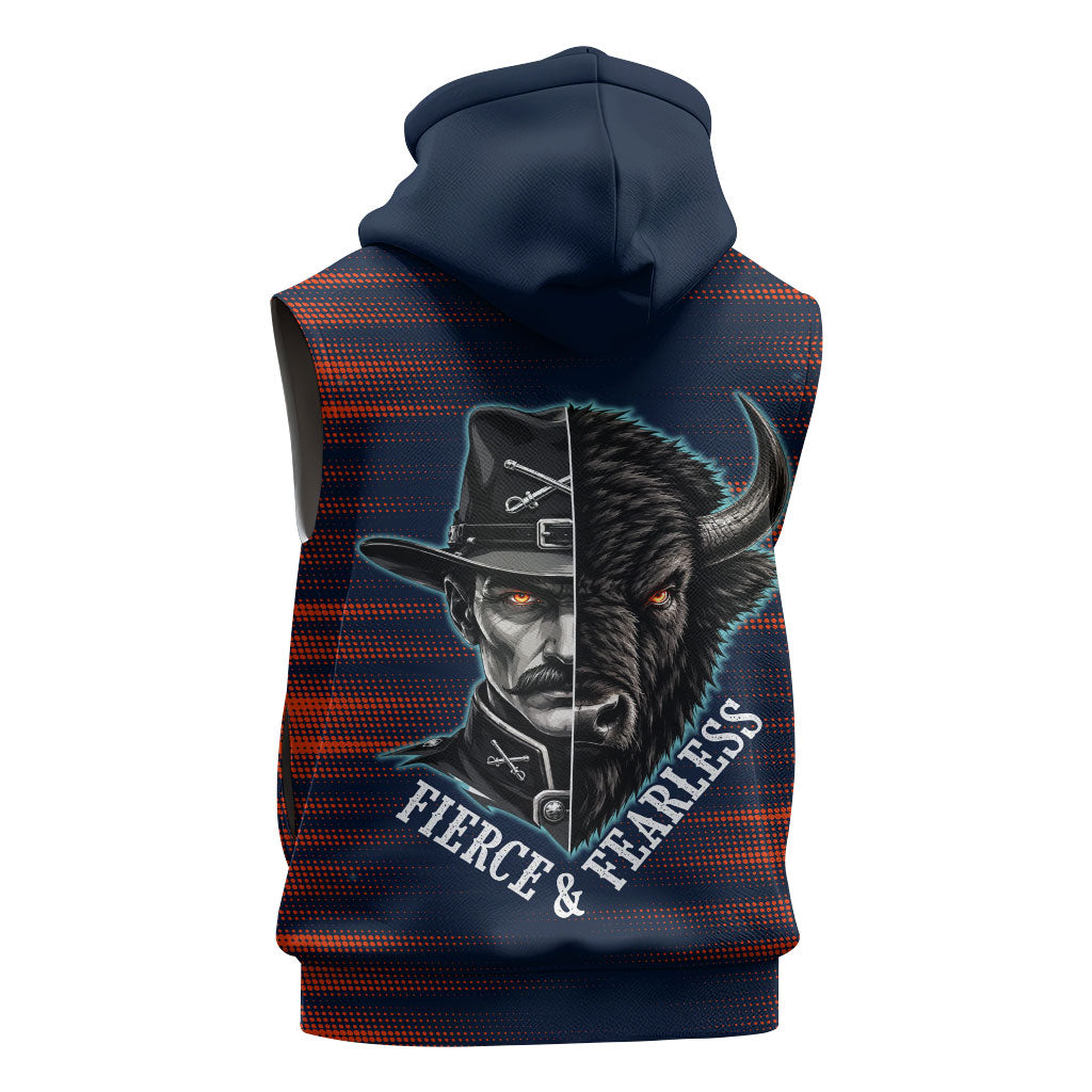 Buffalo Soldiers Fierce And Fearless Cavalry Sleeveless Hoodie Half Face Soldier And Bison Halftone Graphic Art