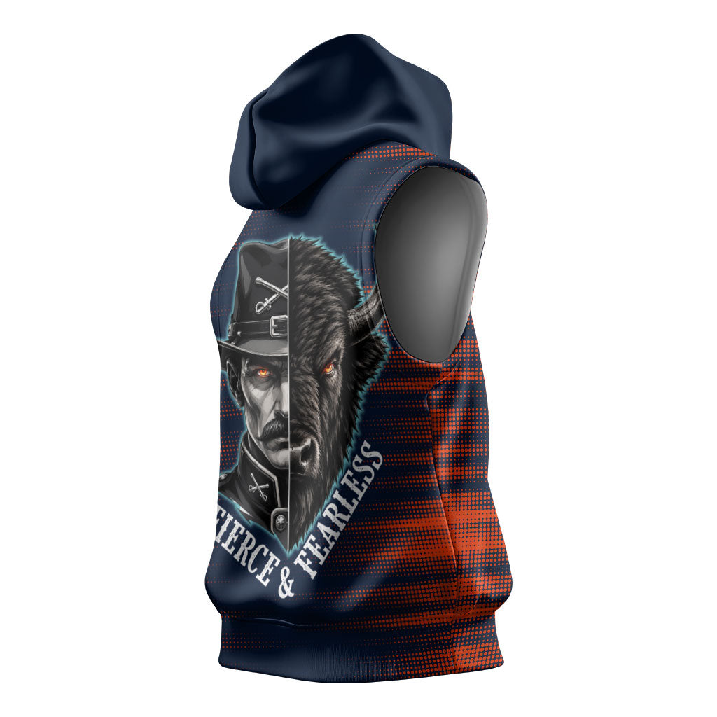 Buffalo Soldiers Fierce And Fearless Cavalry Sleeveless Hoodie Half Face Soldier And Bison Halftone Graphic Art