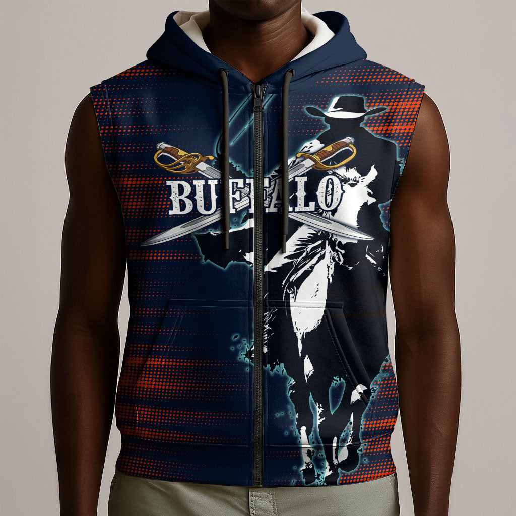Buffalo Soldiers Fierce And Fearless Cavalry Sleeveless Zip Hoodie Half Face Soldier And Bison Halftone Graphic Art