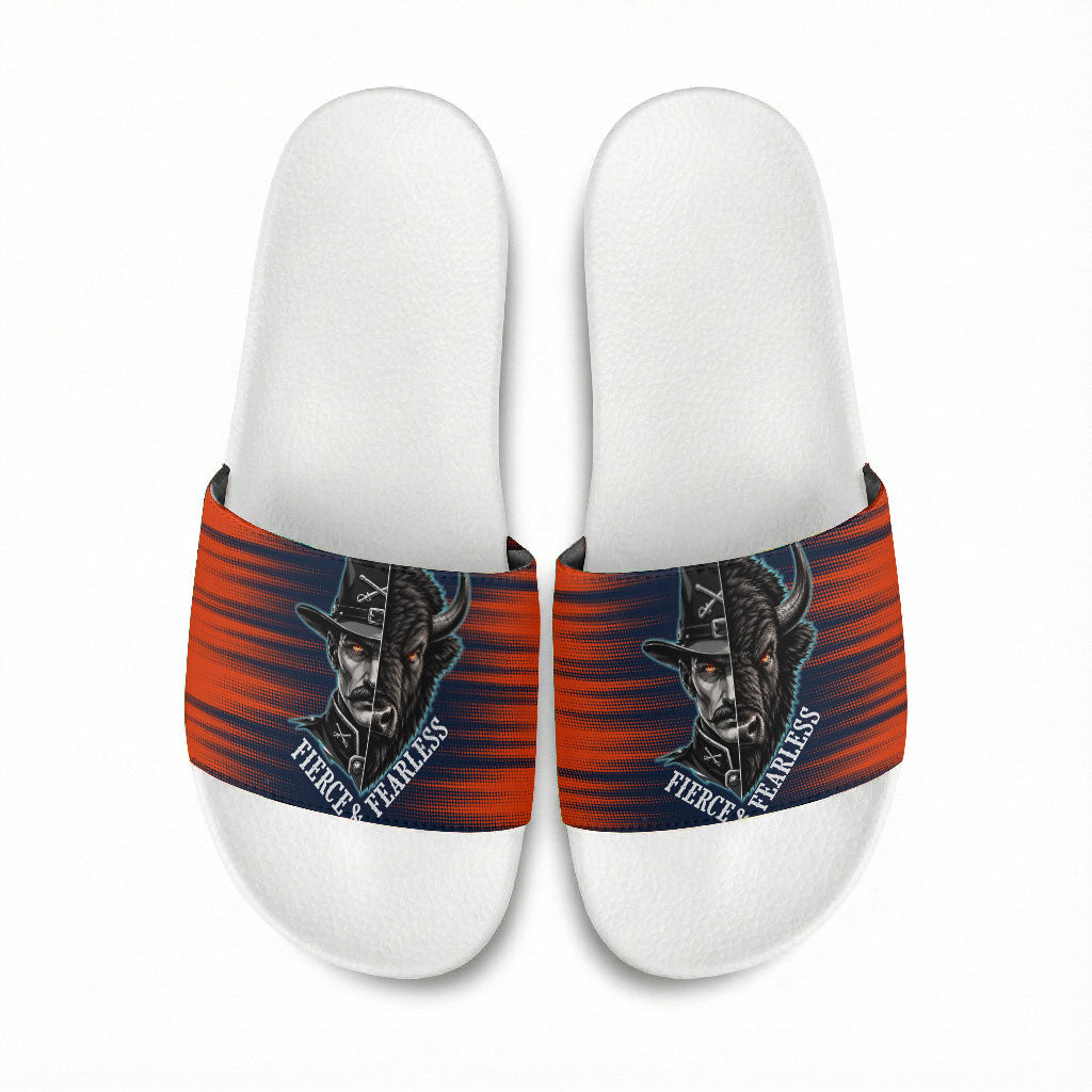 Buffalo Soldiers Fierce And Fearless Cavalry Slide Sandals Half Face Soldier And Bison Halftone Graphic Art