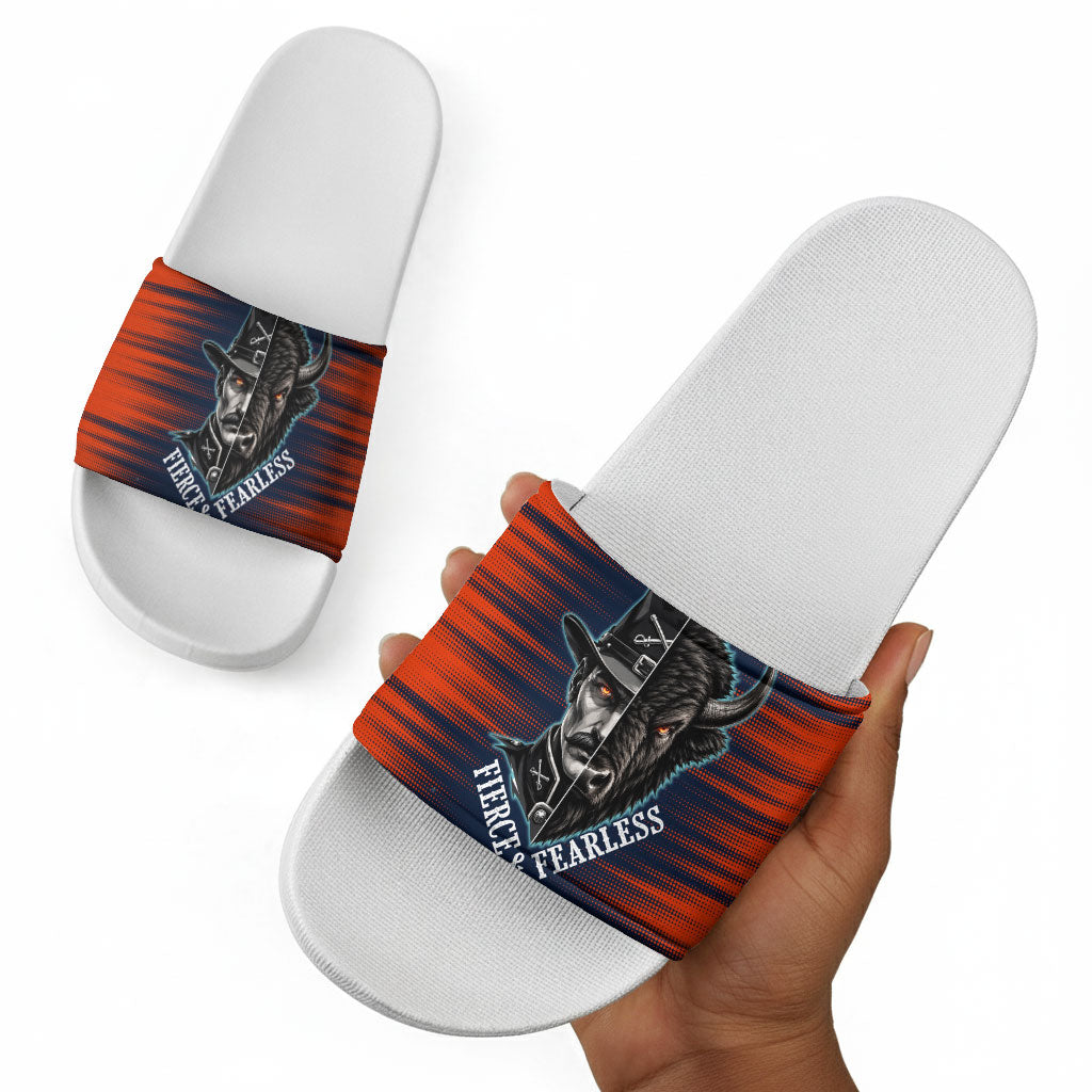 Buffalo Soldiers Fierce And Fearless Cavalry Slide Sandals Half Face Soldier And Bison Halftone Graphic Art