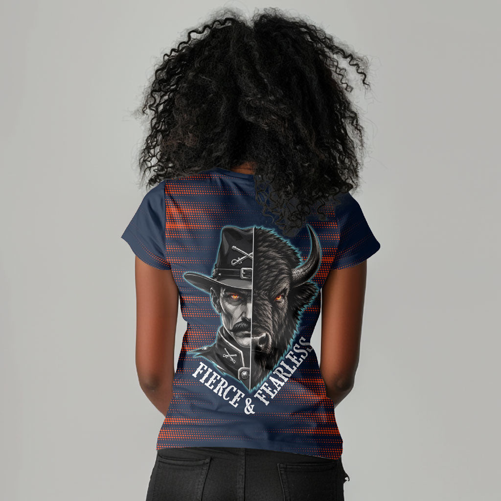 Buffalo Soldiers Fierce And Fearless Cavalry Women V-Neck T-Shirt Half Face Soldier And Bison Halftone Graphic Art