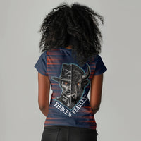 Buffalo Soldiers Fierce And Fearless Cavalry Women V-Neck T-Shirt Half Face Soldier And Bison Halftone Graphic Art