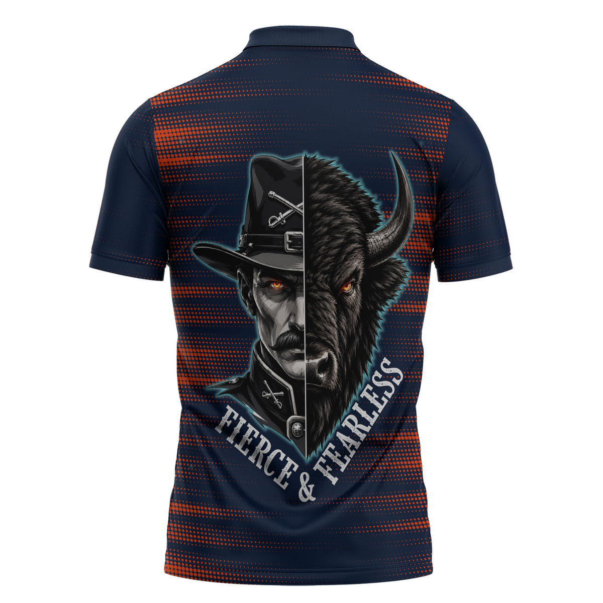 Buffalo Soldiers Fierce And Fearless Cavalry Zipper Polo Shirt Half Face Soldier And Bison Halftone Graphic Art