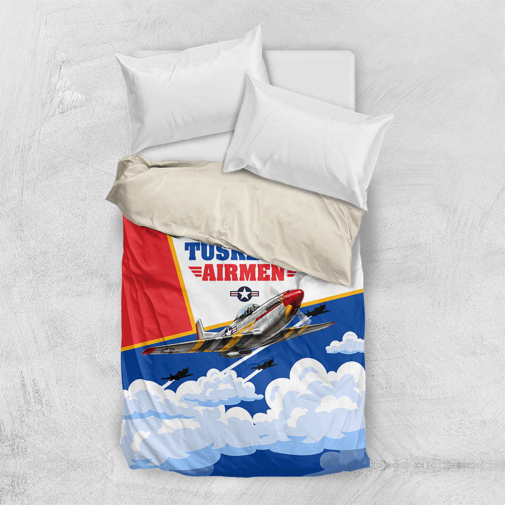 Personalized Tuskegee Airmen Bedding Set Expect To Win P-51 Mustang Patriotic Aviation Art