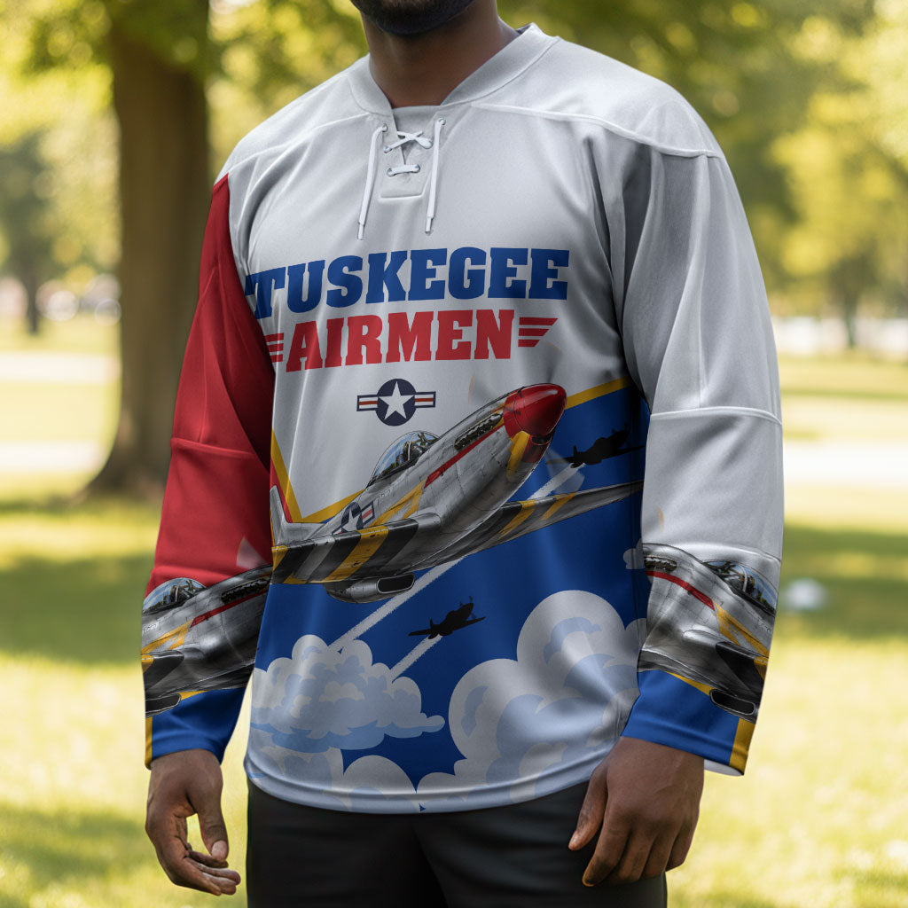Personalized Tuskegee Airmen Hockey Jersey Expect To Win P-51 Mustang Patriotic Aviation Art