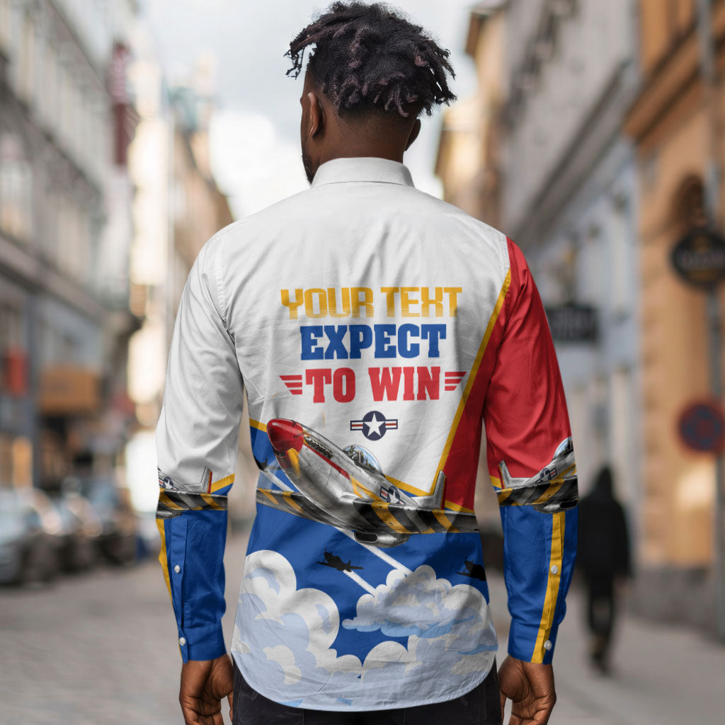 Personalized Tuskegee Airmen Long Sleeve Button Shirt Expect To Win P-51 Mustang Patriotic Aviation Art