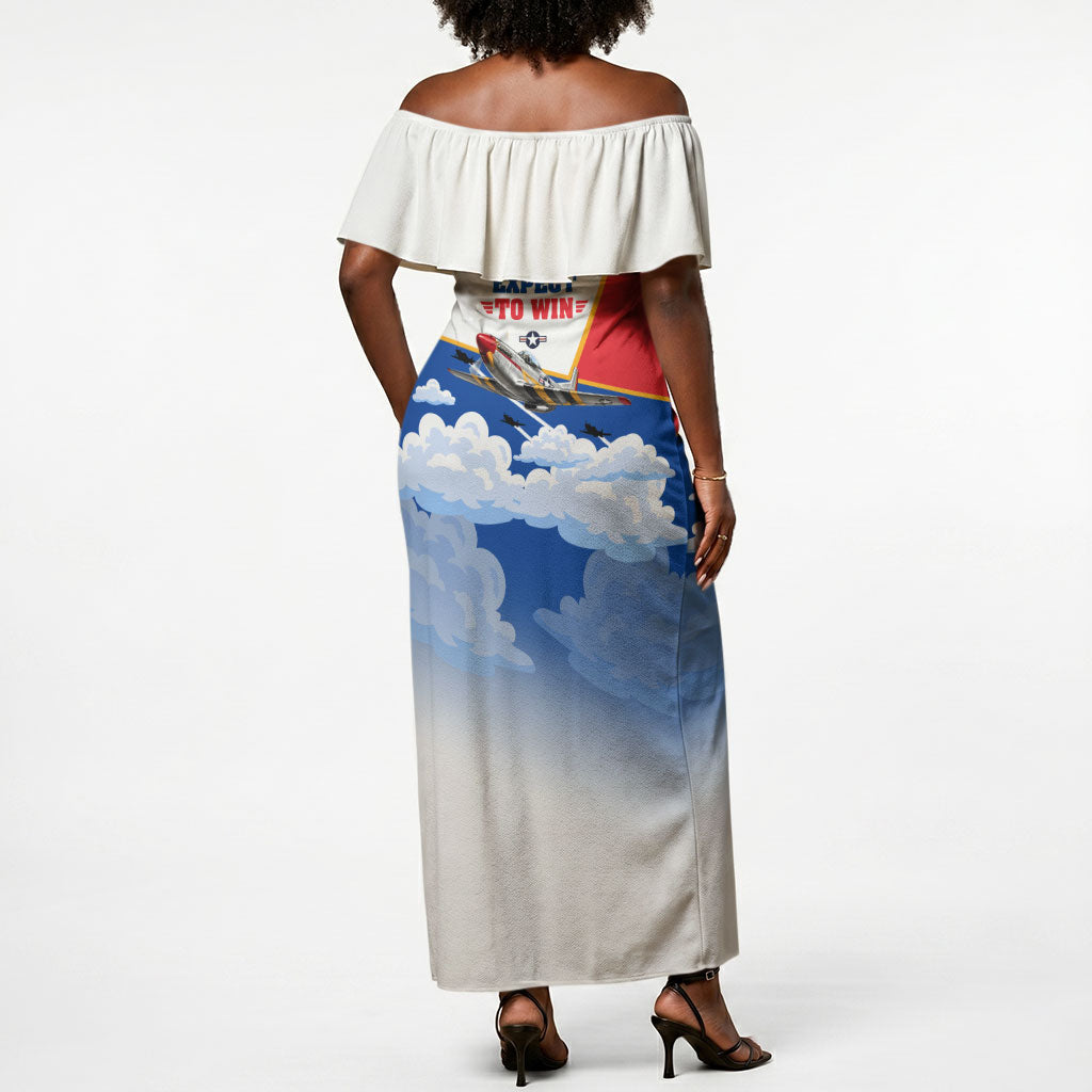 Personalized Tuskegee Airmen Off Shoulder Maxi Dress Expect To Win P-51 Mustang Patriotic Aviation Art